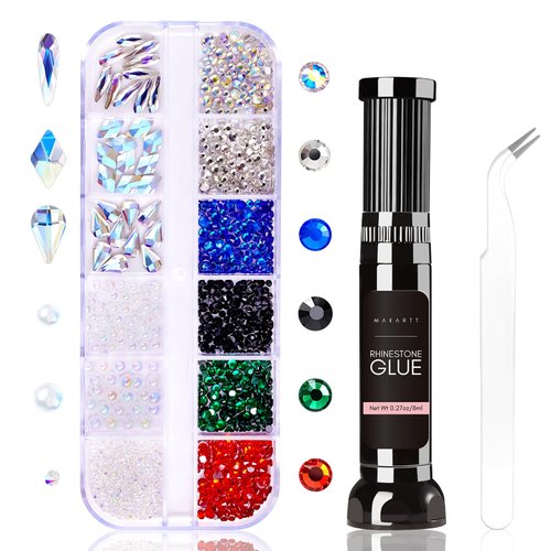 Makartt Nail Rhinestone Glue Kit, 8ml Gel Nail Glue with Brush Precise Pen Tip with Mixed Color Rhinestones Pearls Diamond Beads Shine Iridescent Crystals Christmas Decor for Nail Art DIY at Home