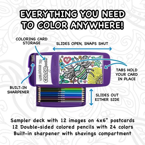 Colorpockit Coloring Kit Travel Art Set with Colored Pencils, 4x6 Coloring Cards, Built in Sharpener, Mess Free Trip Activities for Airplanes or Car, 8.5 x 5, 28 pieces