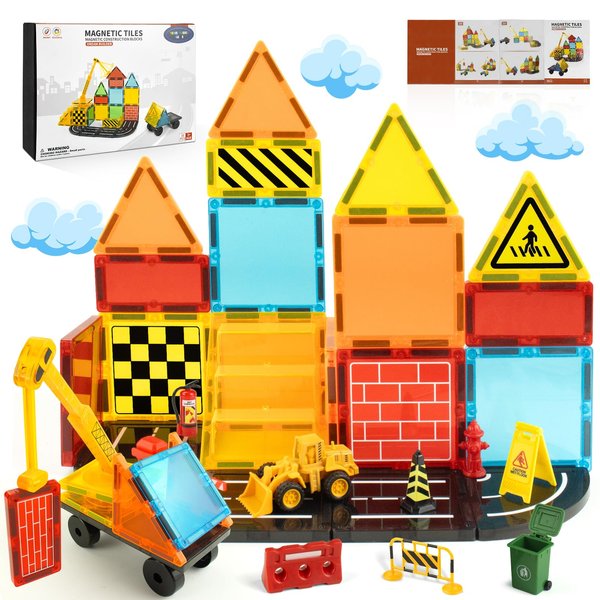 Magnetic Tile Kids Magnetic Construction Set with Crane,Magnetic Building Blocks for Kids Ages 3-5 5-7 8-12,Includes Truck Toys,Crane,Road Tracks,Traffic Roadblock Signs,Learning Educational Toys Gift