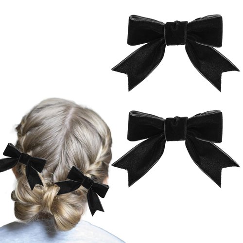 2pcs Velvet Hair Bows Clip, 3.15in Bowknot Hair Barrette Alligator Bows Knot Hair Clips Handmade Vintage Hairpins Hair Accessory for Women Girls Gifts (Black)