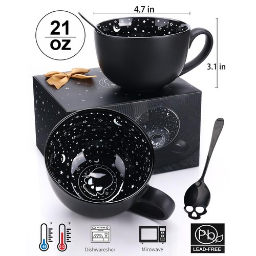 Taruzil Midnight Skull Coffee Mugs with Spoons, Halloween Christmas Birthday White Elephant Gifts for Adult Women Men Friends, Spooky Witchy Gag Fun Gifts Gothis Decor Novelty Tea Cups