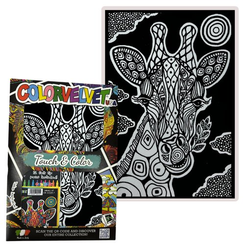 Giraffe Velvet Coloring Poster for Kids and Adults- Safari Arts and Craft Kit Includes a 11.75” x 8.25” Picture and 12 Watercolor Markers- Ideal for Travel- Boys and Girls 3+
