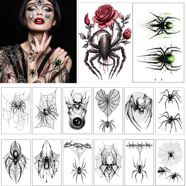 Halloween Spider Stickers Temporary Tattoos Stickers Waterproof Sweatproof Weird 3D Simulation Spider Web DIY Decorations Face and Body Horror Spider for Festivals Masquerade Cosplay Party (14 Sheets)