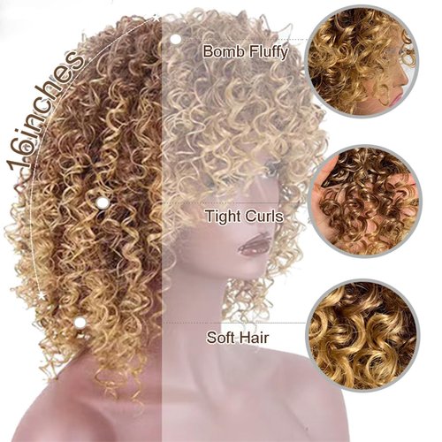 Sabosi Afro Blonde Curly Wigs for Black Women,Kinky Blonde Wig With Bangs Synthetic Heat Resistant Hair for Daily Use