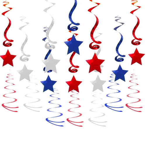 National Day Twinkle Patriotic Shooting Stars Hangings Swirl Decorations Red Blue White 4th of July Presidents Day Birthday Party Decorations, 30pc