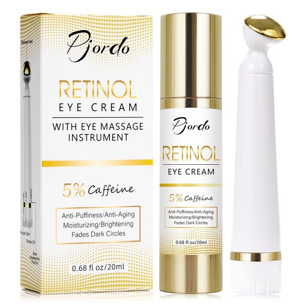Pjordo Retinol Eye Cream for Dark Circles Puffiness, Under Eye Cream Anti Aging Eye Cream Reduce Wrinkles & Fine Lines, 5% Caffeine Eye Cream with Eye Massage Wand, Gifts