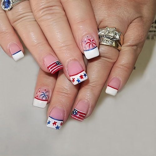 24Pcs White French Tip Press on Nails Short Square Fake Nails Independence Day Glue on Nails 4th of July American Flag Star Firework Tip Design False Nails Patriotic Glossy Artificial Nails for Women