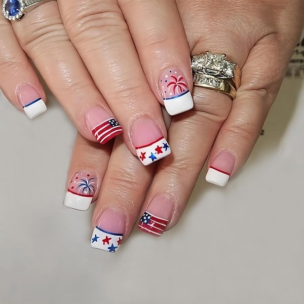 24Pcs White French Tip Press on Nails Short Square Fake Nails Independence Day Glue on Nails 4th of July American Flag Star Firework Tip Design False Nails Patriotic Glossy Artificial Nails for Women