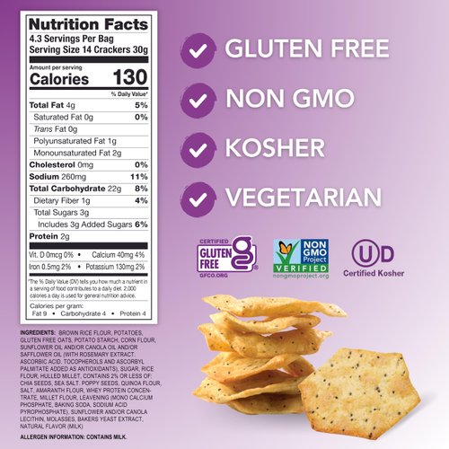 Milton's Craft Bakers Gluten Free Multi-Grain Crackers - Baked Multigrain Crackers, Non-GMO Project Verified, Kosher, Whole Grain, Certified Gluten Free Snack, 7 Grains In Every Bite - 4.5 Oz
