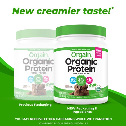 Orgain Organic Vegan Protein Powder, Creamy Chocolate Fudge - 21g Plant Protein, 7g Prebiotic Fiber, No Lactose Ingredients, No Added Sugar, Non-GMO, Shakes & Smoothies, 1.02 lb (Packaging May Vary)