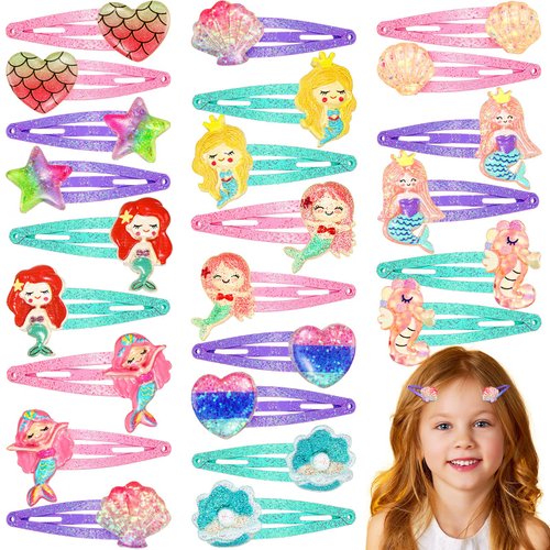 Hanaive 24 Pcs Rainbow Unicorn Clips Metal Clips Butterfly Snap Barrettes Cute Mermaid Hair Pins Sparkly Animal Hair Accessories for Toddlers Little Girls Birthday Party Gifts(Mermaid Pattern)