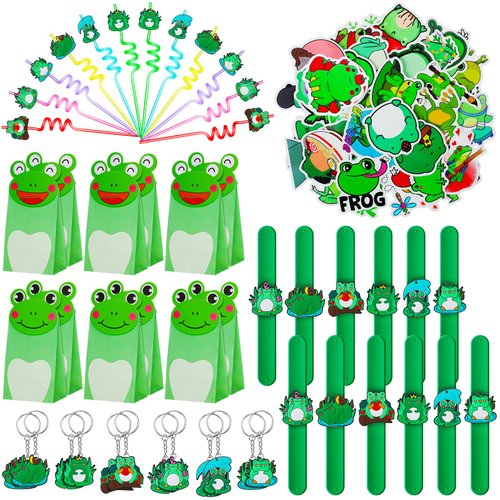 Saypacck 98 Pcs Frog Party Favor Supplies Set Include Frog Party Paper Bags Frog Stickers Frog Keychains Curly Drinking Straws Animal Slap Bracelets for Boy Girl Animal Frog Themed Birthday Decoration