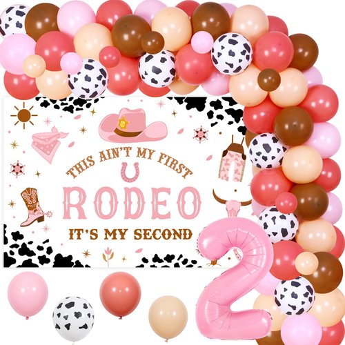 JOYMEMO My 2nd Rodeo Birthday Decorations Girl - Boho Cowgirl Balloon Garland Arch Kit with This Ain't My First Rodeo Its My Second Birthday Backdrop, Number 2 Foil Balloon for Western Party Supplies
