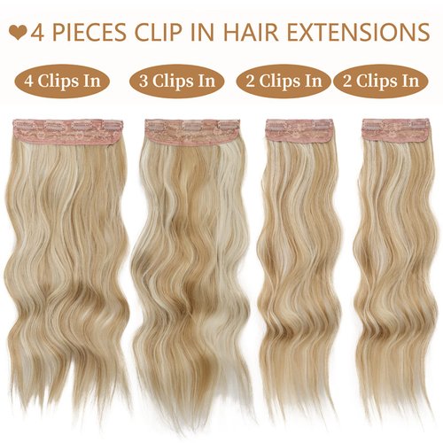 Deethens 4PCS Clip in Beach Wavy Hair Extensions 20 Inches Long Synthetic Hairpieces Bouncy Curly Hair Extensions for Women (Coconut Cream Mix Platinum Blonde)