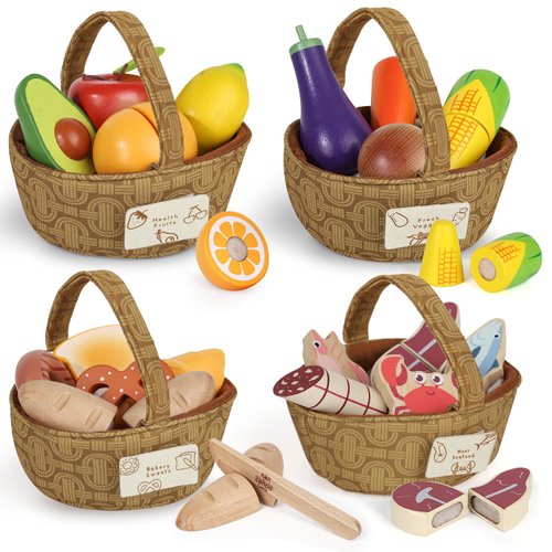 Lehoo Castle Wooden Play Food for Toddlers, Pretend Play Kitchen Accessories, 4 Food Groups, Montessori Sorting Toys for Toddlers 3-5, Cutting Fruits Toys for Boys Girls Kids Ages 4-8