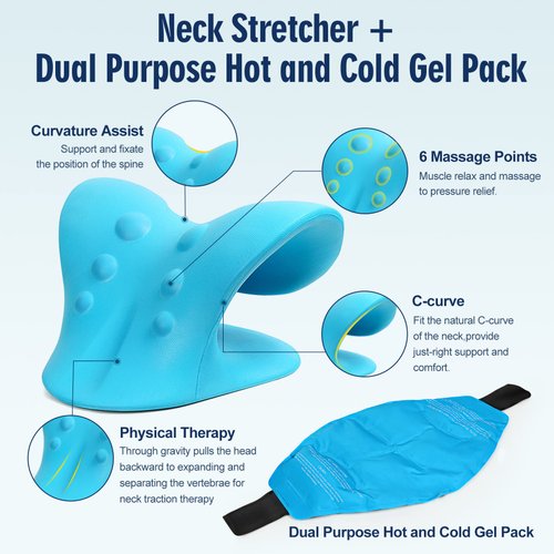 Neck Stretcher & Gel Pack for Pain Relief, Cervical Traction Device Pillow with Hot Cold Compress, Reusable Ice Pack Wrap for Neck, Shoulder, Knee, Back, Hand Injuries, Swelling, Bruises, Sprains