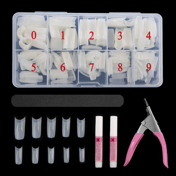 Abodhu Natural Nail Tips Coffin Shape Fake Nails French Tips Half-cover False Nails with Glue, a Nail File, a Nail Clipper,DIY Christmas Nail Tips,500 Pieces Acrylic Nail Tips for Manicure, 10 Sizes