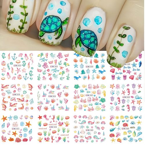 Ocean Nail Art Stickers Decals Summer Sea Nail Art Supplies Water Transfer Nail Stickers Shell Crab Starfish Turtle Whale Seaweed Design Cute Cartoon Beach Nail Accessories DIY for Women 12 Sheets