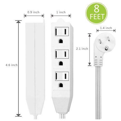 White Flat plug Extension Cord, short power cord with 3 Prong standard ground sockets, basic indoor 3-pin ground cable, UL Listed（ 8FT, 2PK）