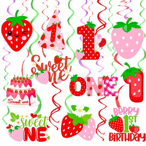 Berry First Birthday Hanging Swirls Strawberry Sweet One Party Decoration 20PCS Strawberry Hanging Streamer Strawberry 1st Birthday Party Decorations for Summer Fruit Baby Shower Supplies