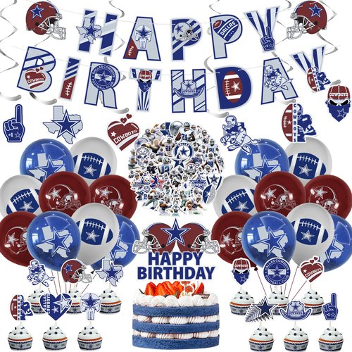 Cowboys Party Decorations, Cowboys Birthday Party Supplies, American Football Rugby Birthday Party Favor Includes Happy Birthday Banners, Hanging Swirls, Cake Topper, Cupcake Toppers, Balloons