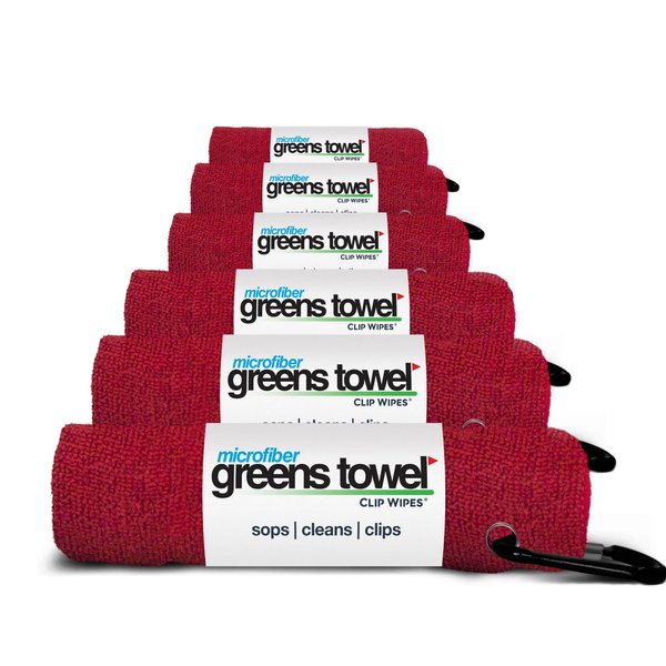 Greens Towel 6 Pack Red Golf Towels with Clip for Golf Bags, Plush Microfiber nap Fabric, 16x16, The Original Value Pack (Cardinal Red)