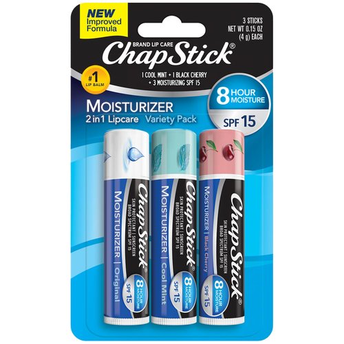 ChapStick Moisturizer 2-in-1 Lipcare SPF 15, Original, Black Cherry, Cool Mint, 3-Pack – Sunscreen Lip Balm with Aloe Vera and Vitamin E, 0.15 Ea