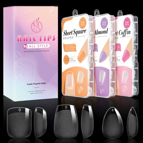 krofaue 3 Styles Short Nail Tips Kit - 720PCS Half Matte Coffin Nails Almond Nails Square Fake Nails Full Cover Press on Nails Extension for Soft Gel Nail Tips Set Art DIY Home