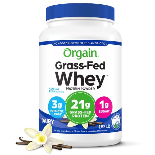 Orgain Whey Protein Powder, Vanilla Bean- 21g Grass Fed Dairy Protein, 5g BCAAs, 3g Prebiotic Fiber, No Sugar Added, No Added Hormones, Gluten Free, Kosher, For Shakes & Smoothies - 1.82lb
