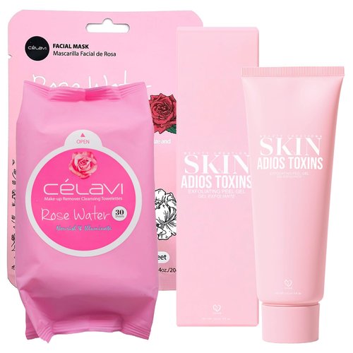 Glam Lux Bundle of 3 Korean Skincare Beauty Creations Vegan Beauty Creations Adios Toxins Exfoliating Peel Gel, Célavi Makeup Remover Cleansing Wipes & Celavi Korean Facial Mask, Sulfate & Oil Free