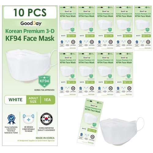 FLEXMON (PACK OF 10 White KF94- Face Mask 4-Layer Filters Breathable Comfortable Protection, Korea, Disposable Protective, Nose Mouth Covering Dust Mask Made in Korea. pm2.5Filters, White Color