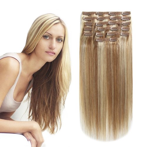 HEESAGA Clip in Hair Extensions Real Human Hair, 16 Inch 120 Grams/4.2 Ounce, 10 Pieces with 22 Clips per Set (#12/613 Light Golden Brown/Bleach Blonde)