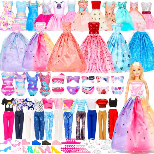 93 Pcs Doll Clothes and Accessories with Doll, Wedding Gown Dresses, Tops and Pants, Fashion Dresses, Swimming Suits, Shoe, Hangers,Doll Dress up Toys for Girls in Gifts Package