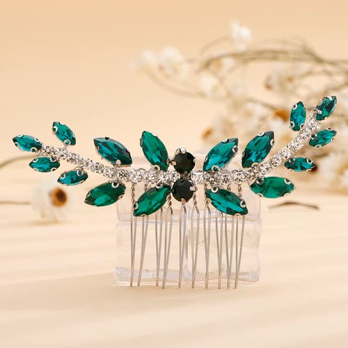 Teyglen Rhinestones Wedding Hair Comb Bridal Green Crystal Side Hair Comb Hair Accessories for Bride Handmade Red Blue Black Crystal Hair Pieces Vintage Headpieces for Women Girls(Silver-Green)