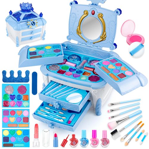 Kids Makeup Kit for Girl, Babbyo Upgrade 50 pcs Kids Make up Kit, Safety Tested Real Washable Make Up Toy Set with Portable Box, Prentent Play Make Up for Girls Birthday Present Toys