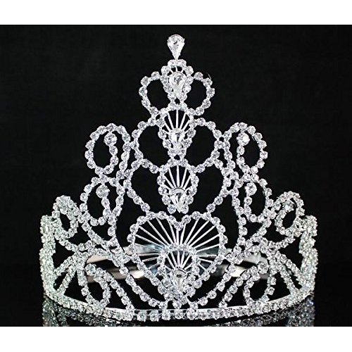 Full Crown Hearts Clear Austrian Rhinestone Crystal Tiara Headband Headpiece Queen Bridal Wedding Prom Pageant Party Silver Plated T1507