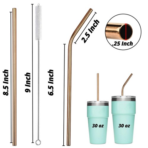 Friendly Straw 10 Pack 8.5" x .25" Reusable Metal Straws, 5 Straight 5 Elbow Stainless Steel Drinking Straws With Free Brushes and Pouch (Copper Finish)