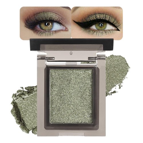 Green Shimmer Single Eyeshadow, Long-lasting waterproof, High-Pigment Glitter Eye Shadow Compact, Smooth & Blendable, Everyday Velvety Matte Finish Eye Makeup Looks, Vegan, Cruelty-free - 0.07 Oz 02#
