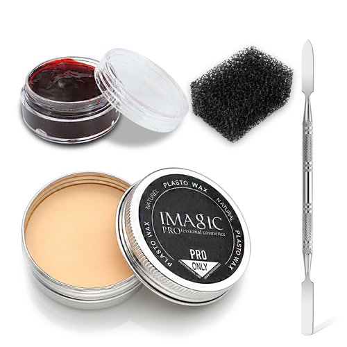 DELISOUL Scar Wax SFX Makeup Kit Halloween Fake Skin Prosthetic 3D Bloody Special Effect Party Cosplay Stage Fake Wound Molding Skin Wax with Spatula Tool,Stipple Sponge,1.1oz Coagulated Fake Blood
