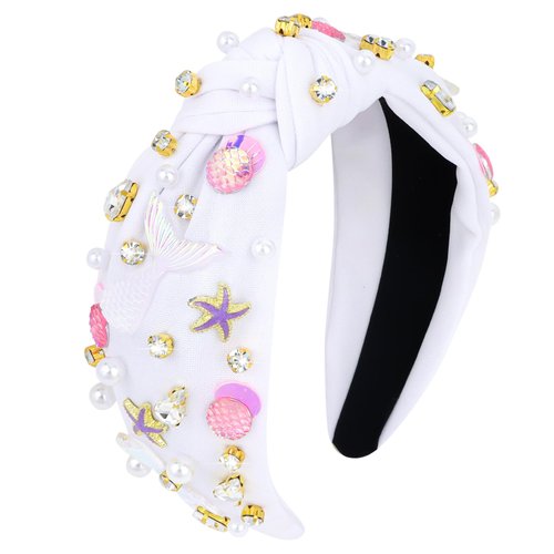 Jaciya Pearl Headband for Girls Rhinestone Headband for Women Wide Knotted White Headband for Women Starfish Head Band Mermaid Birthday Party Decorations