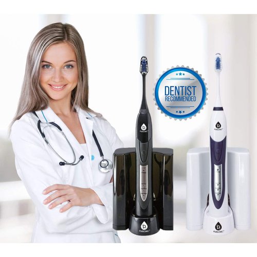 PURSONIC S520 Black Ultra High Powered Sonic Electric Toothbrush with Dock Charger, 12 Brush Heads & More! (Value Pack)