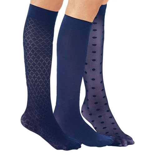 Stylish & Comfortable 15-20mmHg Compression Knee High Stockings, 3 Pairs - Made in USA, Navy, Queen - Made in the USA