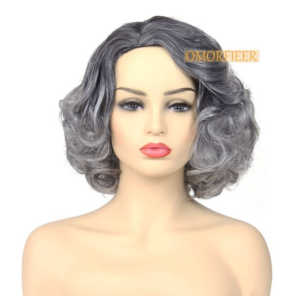 OMORFIEER Old Lady Wig Costume Granny Grey Wigs for Women Short Curly Ombre Cosplay Wig