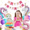 Yancan Unicorn 5th Birthday Decorations for Girls, 5 year old Girl Birthday Party Supplies with Happy Birthday Banner, Unicorn Foil Balloons, Heart and Star Balloons, Cake Topper