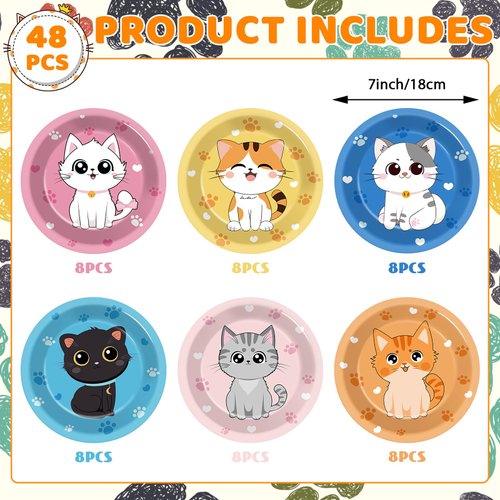 Justforjoyful 48Pcs 7" Cat Theme Party Paper Plates Cat Kitten Dessert Party Supplies Kids Girls Birthday Party Dinner Decorations Cat Paw Disposable Dinnerware Plates for Baby Shower Party Favors