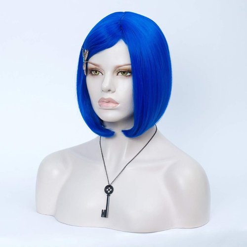 MORTICIA Short Straight Blue Women Bob Full Bang with Dragonfly Hairpin + Black Key Pendant Necklace(Adult 2)