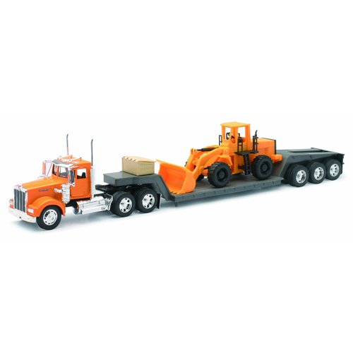 New Ray Kenworth W900 Truck with Lowboy Trailer Orange and Wheel Loader Yellow Long Haul Trucker Series 1/32 Diecast Model