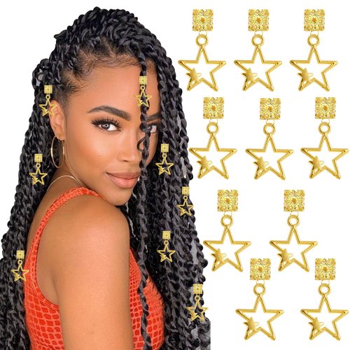 NAISKA 10PCS Gold Star Braid Clips Dreadlock Accessories Five-pointed Braid Beads Charms Hair Clips Loc Jewelry Accessories Pendant Hair Jewelry for Women Girls Braids