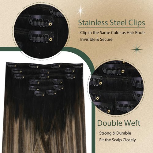 Ugeat Real Hair Etensions Clip In Human Hair Natural Black to Dark Brown Mix Caramel Brown Balayage Invisible Clip In Hair Extensions Human Hair Thick End 20 inch 7pcs 120g(105g Hair+15g Clips)