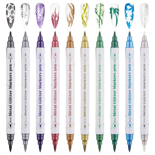 10 Color Metal Giltter 3D Nail Art Pens Set, Kalolary Double-ended Nail Point Graffiti Dotting Pe...